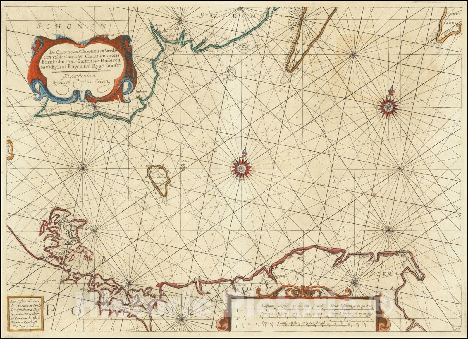 Historic Map : De Custen van Schoonen en Swede van Valsterboen tot ChristianopolisBornholm en de Custen van Pomeren van't Eylant Rugen tot Rygs-hooft, 1640, Vintage Wall Art