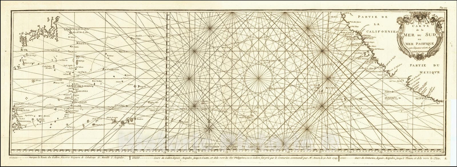 Historic Map : Carte de la Mer du Sud ou Mer Pacifique entre l'Equateur et le 39 1/2 de Latitude Septentrionale, 1750, Vintage Wall Art
