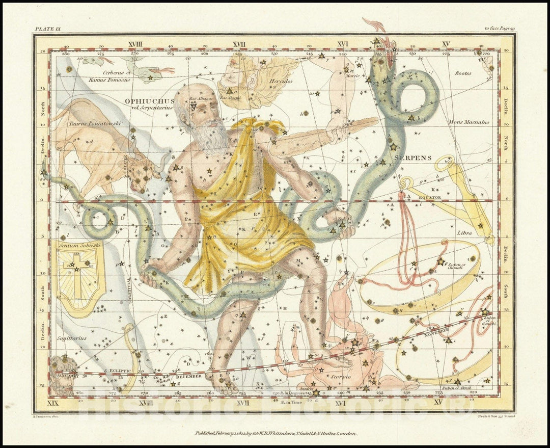 Historic Map : Ophiuchus vel Serpentarius, 1822, Vintage Wall Art