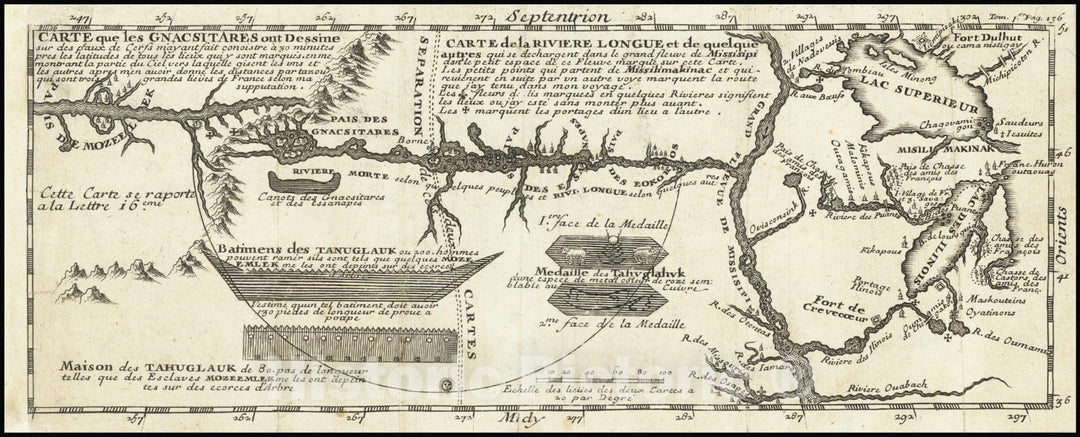 Historic Map : Carte que les Gnacsitares ont Dessine sur, Carte de la Riviere Longue et de quelques Autres qui se Dechargent dans le Grand Fleuve Missisipi,, 1704, Vintage Wall Art