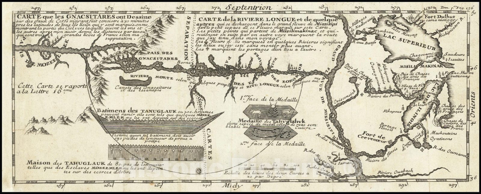 Historic Map : Carte que les Gnacsitares ont Dessine sur, Carte de la Riviere Longue et de quelques Autres qui se Dechargent dans le Grand Fleuve Missisipi,, 1704, Vintage Wall Art