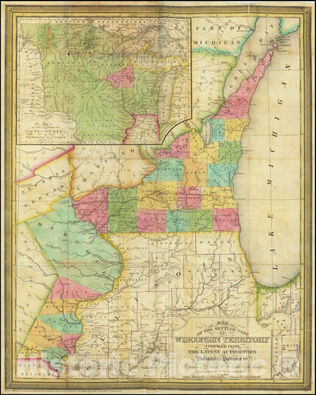 Historic Map : Settled Part of Wisconsin Territory Compiled From the Latest Authorities, 1838, Vintage Wall Art