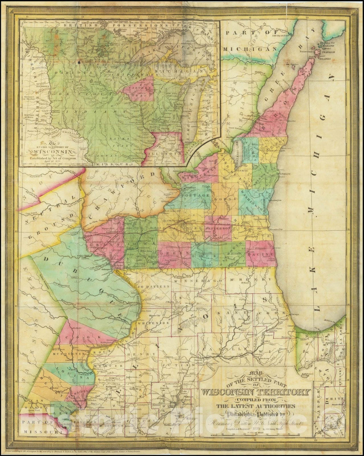 Historic Map : Settled Part of Wisconsin Territory Compiled From the Latest Authorities, 1838, Vintage Wall Art