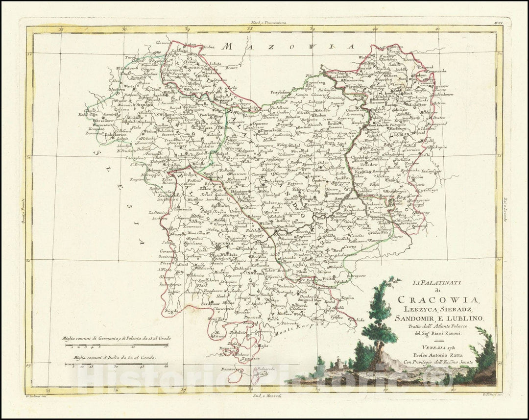 Historic Map : Li Palatinati di Cracowia, Lekzyca, Sieradz, Sandomir, E Lublino.Tratta dall' Atlante Poacco, 1781, 1781 v2, Vintage Wall Art