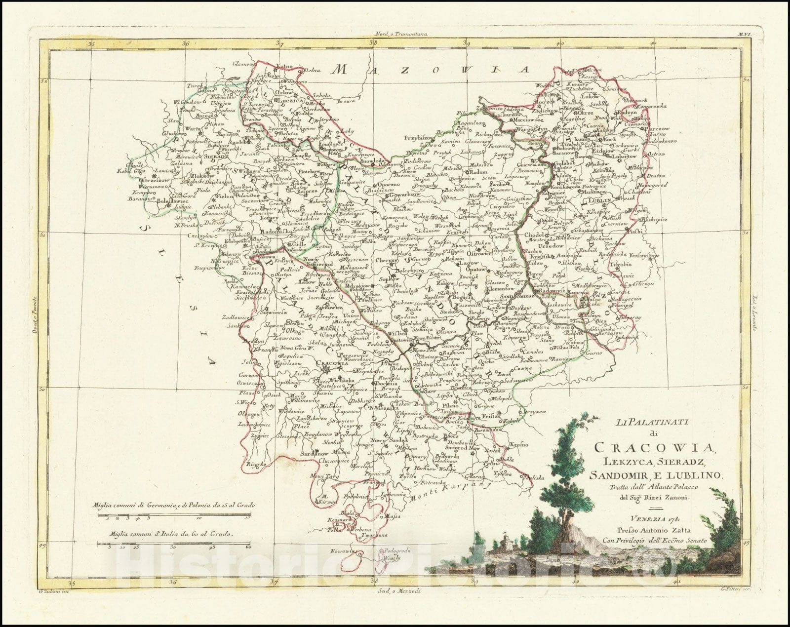 Historic Map : Li Palatinati di Cracowia, Lekzyca, Sieradz, Sandomir, E Lublino.Tratta dall' Atlante Poacco, 1781, 1781 v2, Vintage Wall Art