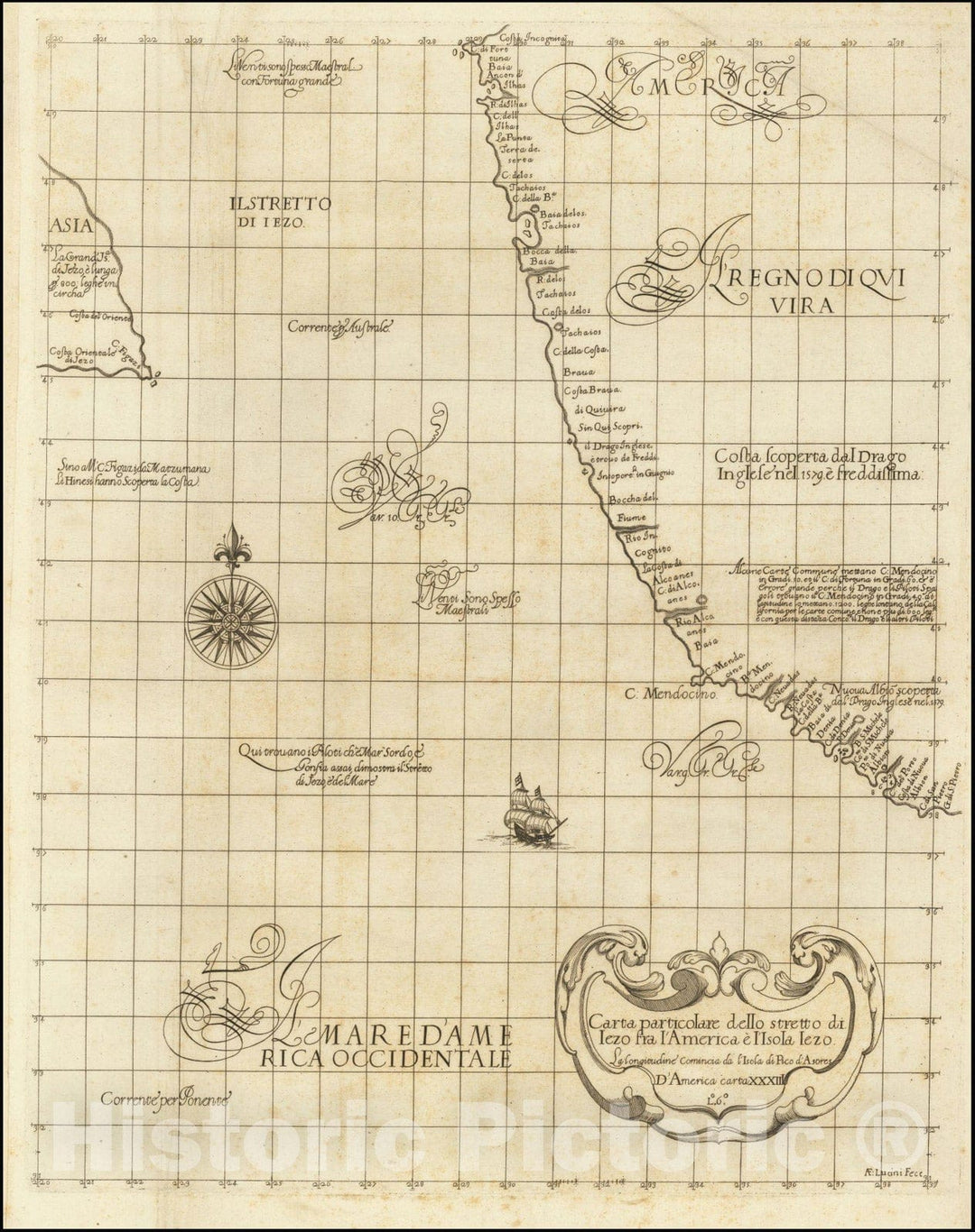 Historic Map : Carta particolare dello stretto di Iezo fra l'America e I'Isola Iezo , D'America Carta XXXIII,1647 (1661), Vintage Wall Art