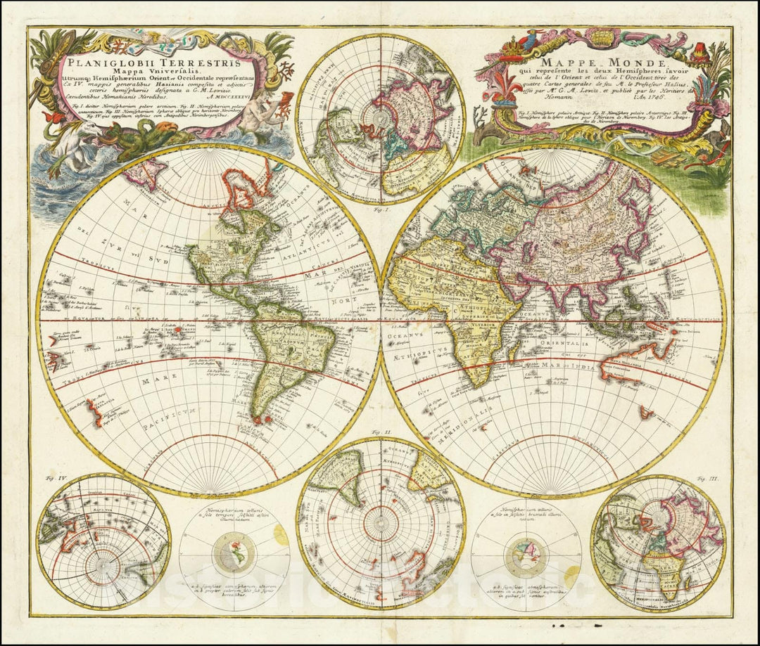 Historic Map : Planiglobii Terrestris Mappa Universalis Utrumqs Hemisphaerium Orient et Occidentale, MDCCXXXXVI,1746 (1760 ca), Vintage Wall Art