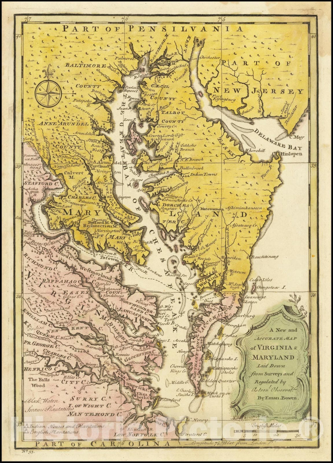 Historic Map : A New and Accurate Virginia & Maryland Laid Down from Surveys and Regulated by Astron'l Observatns.,  1747 v1, Vintage Wall Art