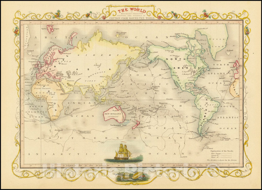 Historic Map : The World on Mercators Projection Shewing the Voyages of Captain Cook Round the World, 1851, Vintage Wall Art