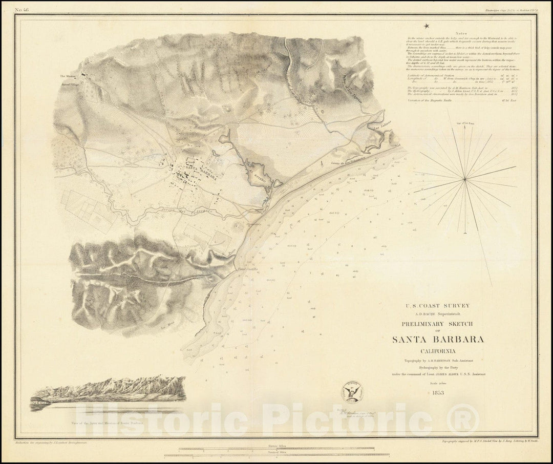 Historic Map : Preliminary Sketch of Santa Barbara California, 1853, 1853, Vintage Wall Art