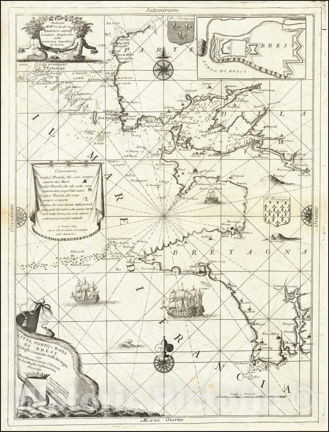 Historic Map : Citta, Porto, e Rada di Brest, e Luoghi Convicini nella Bretagna,  1690, Vintage Wall Art
