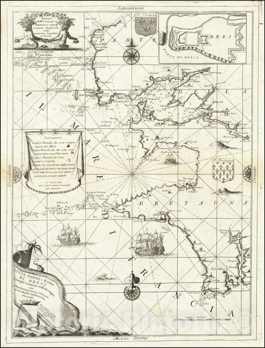 Historic Map : Citta, Porto, e Rada di Brest, e Luoghi Convicini nella Bretagna,  1690, Vintage Wall Art