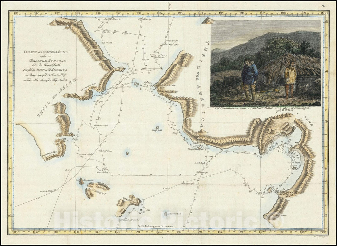 Historic Map : Charte von Nortons-Sund und von Berings Strasse-oder der Durchfarth zwischen Asien und America mit Bernerkung der Meeres Tiese und der , 1787, Vintage Wall Art