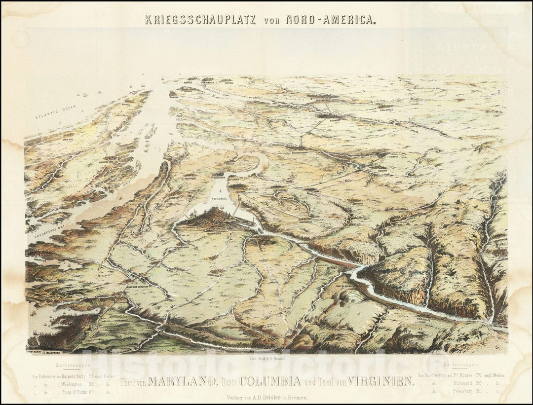 Historic Map : Kriegsschauplatz von Nord-America.Theil von Maryland, Distr. Columbia und Theil von Virginien.,  1861, Vintage Wall Art