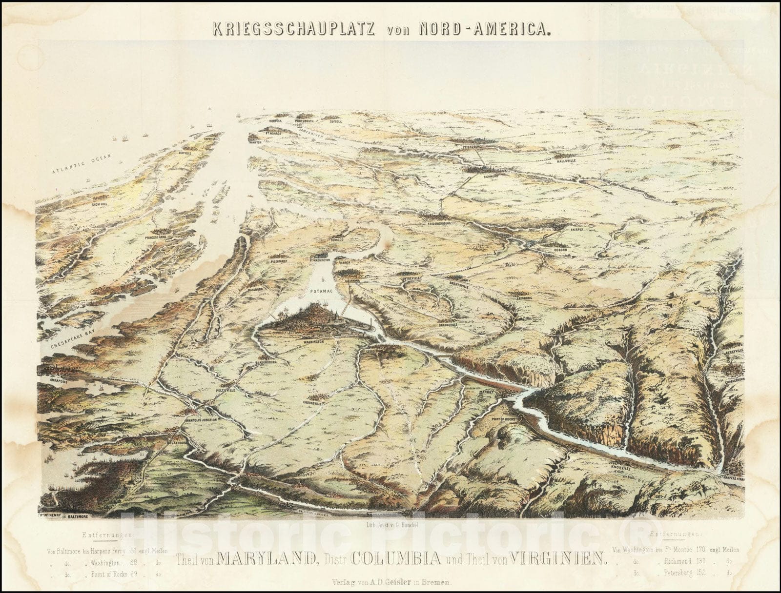 Historic Map : Kriegsschauplatz von Nord-America.Theil von Maryland, Distr. Columbia und Theil von Virginien.,  1861, Vintage Wall Art