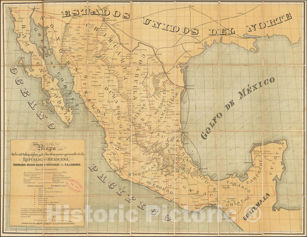 Historic Map : Mapa de la red telegrÃ¡fica y de los itinerarios generales de la RepÃºblica Mexicana. formado segun datos officiales, 1884, Vintage Wall Art