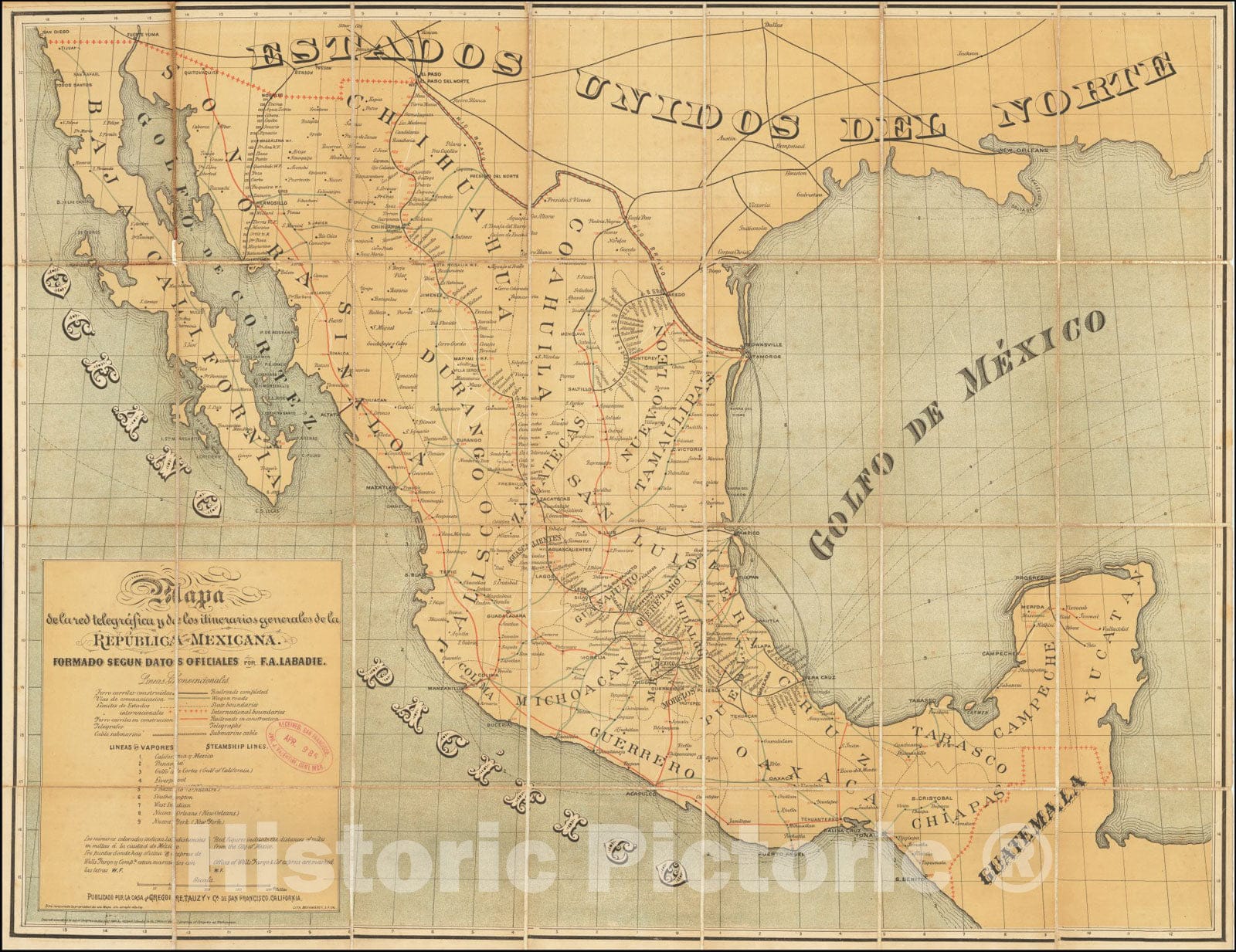 Historic Map : Mapa de la red telegrÃ¡fica y de los itinerarios generales de la RepÃºblica Mexicana. formado segun datos officiales, 1884, Vintage Wall Art