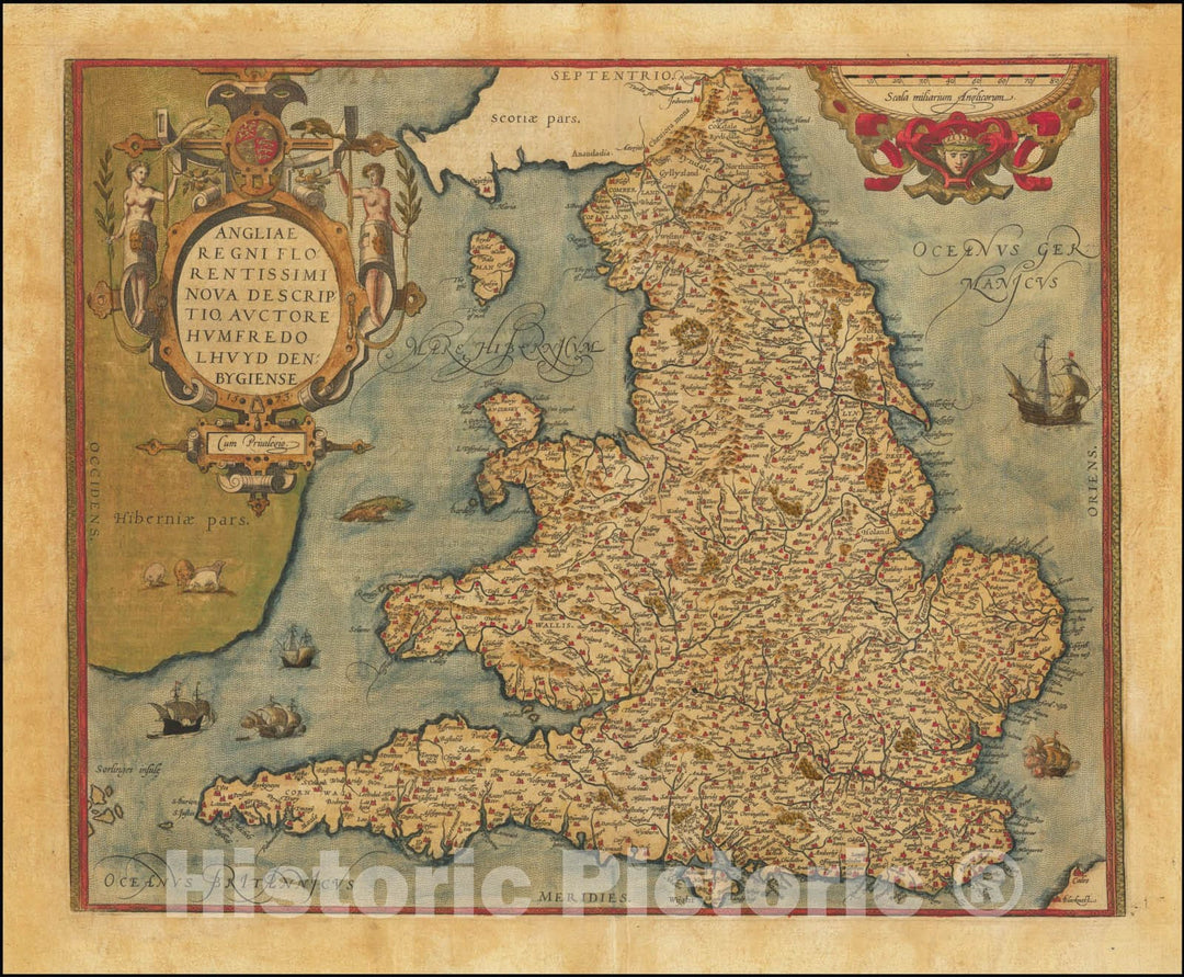Historic Map : Angliae Regni Florentissimi Nova Descriptio Auctore Humfredo Lhuyd Denbygiense, 1574, Vintage Wall Art
