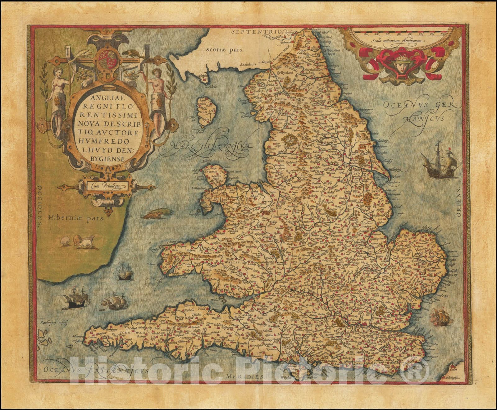 Historic Map : Angliae Regni Florentissimi Nova Descriptio Auctore Humfredo Lhuyd Denbygiense, 1574, Vintage Wall Art