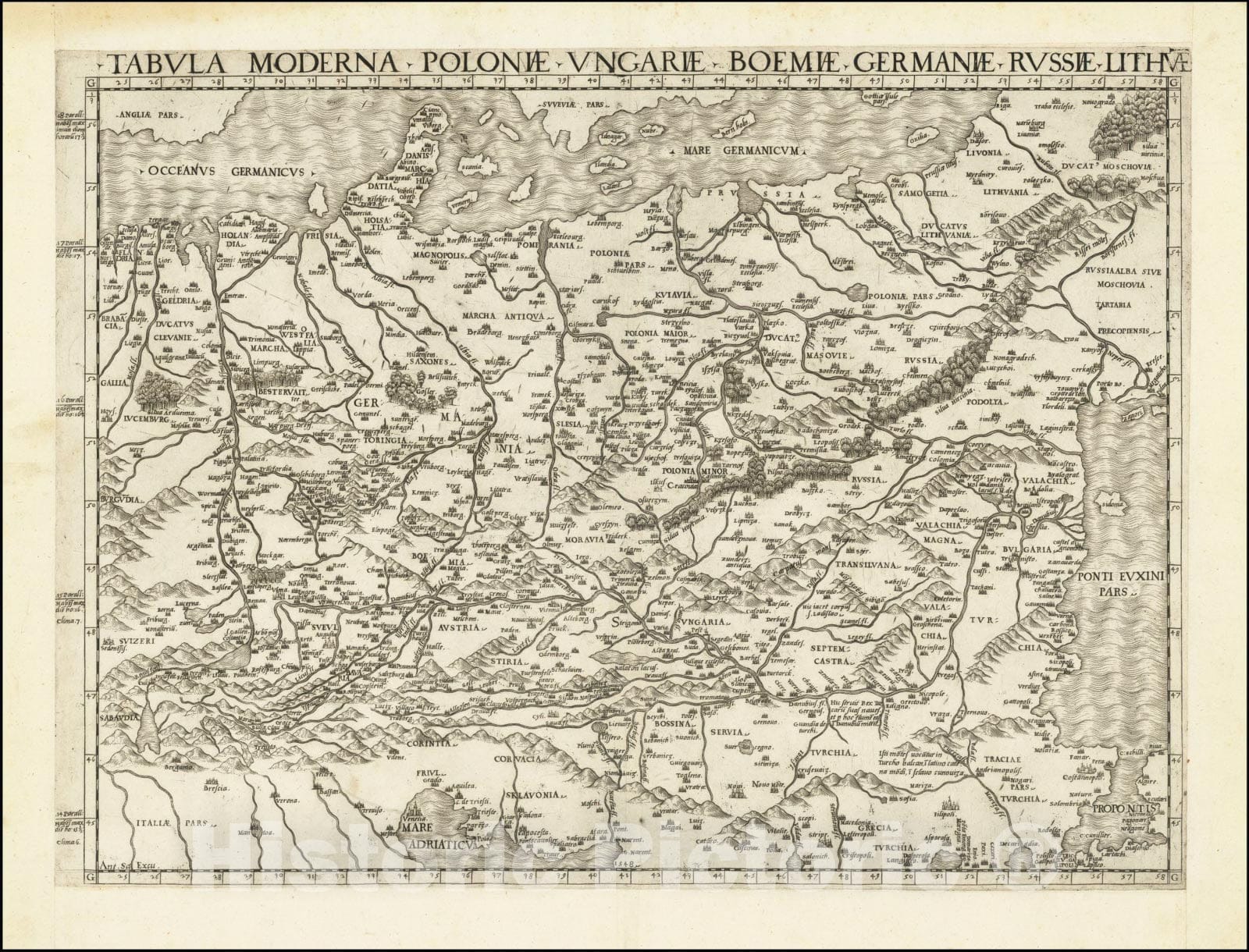 Historic Map : Tabula Moderna Poloniae Ungariae Boemiae Germaniae Russiae Lithuae, 1548, Vintage Wall Art