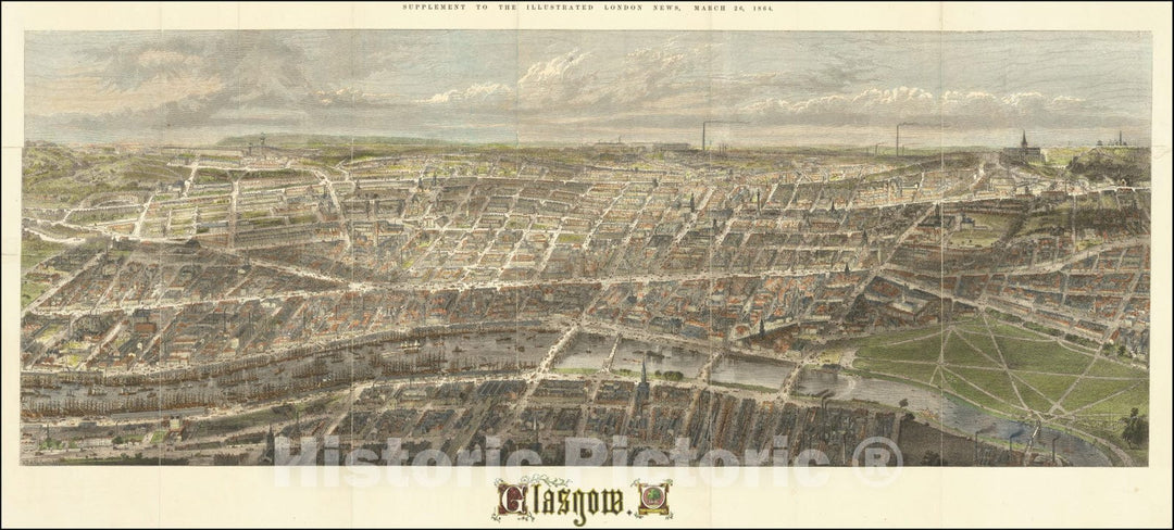 Historic Map : Glasgow. , 1864, Vintage Wall Art