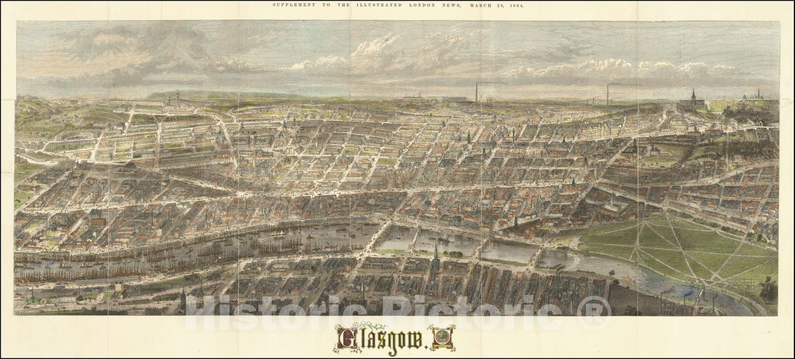 Historic Map : Glasgow. , 1864, Vintage Wall Art