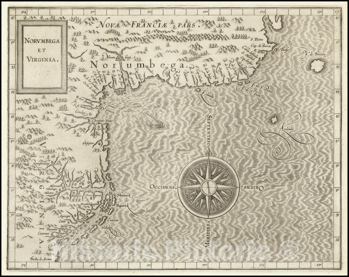 Historic Map : Norumbega et Virginia 1597, 1597, Vintage Wall Art