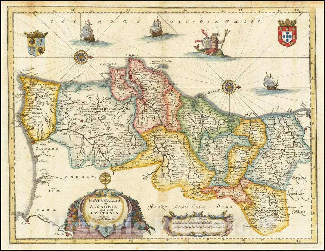 Historic Map : Portugallia et Algarbia quae olim Lusitania,  1638 v1, Vintage Wall Art