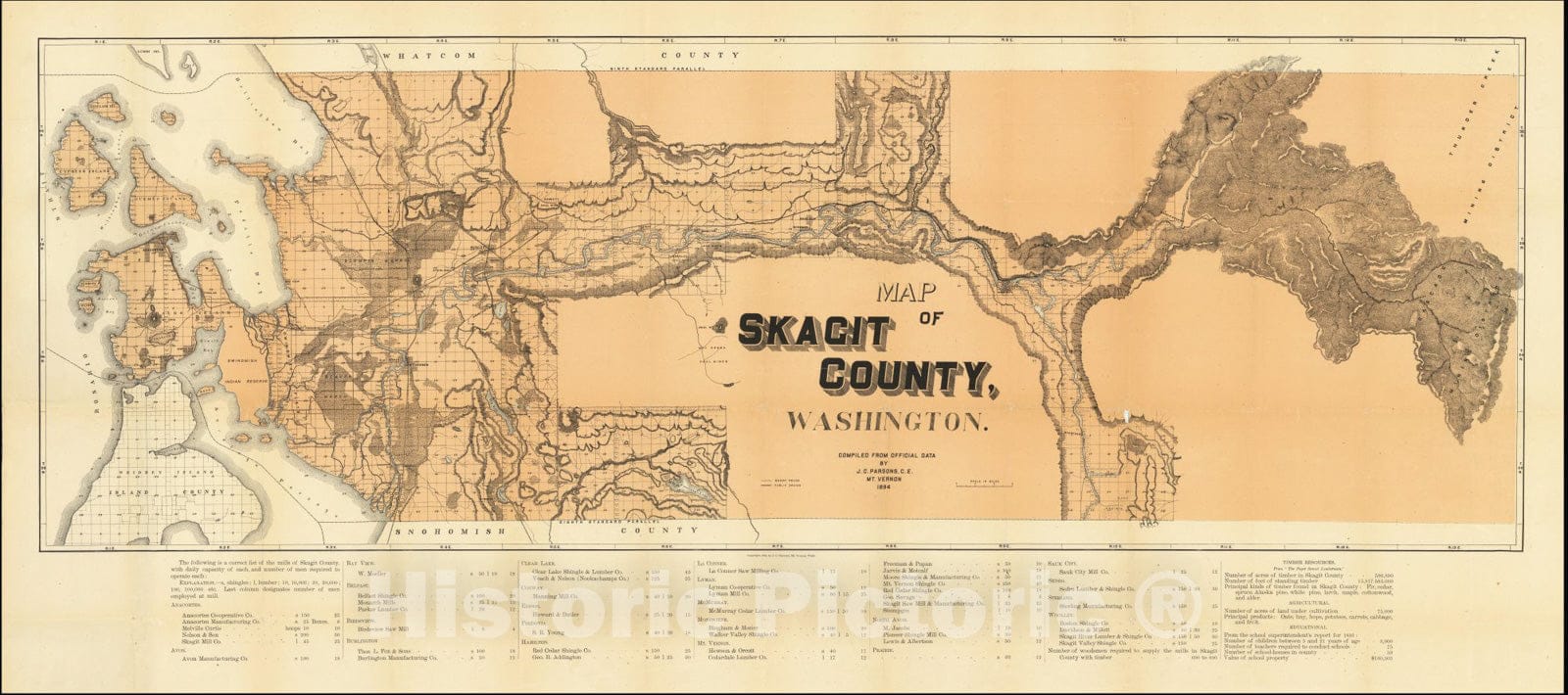 Historic Map : Skagit County Washington.Compiled From Official Data By J.C. Parsons, C.E. Mt. Vernon 1894, 1894, Vintage Wall Art