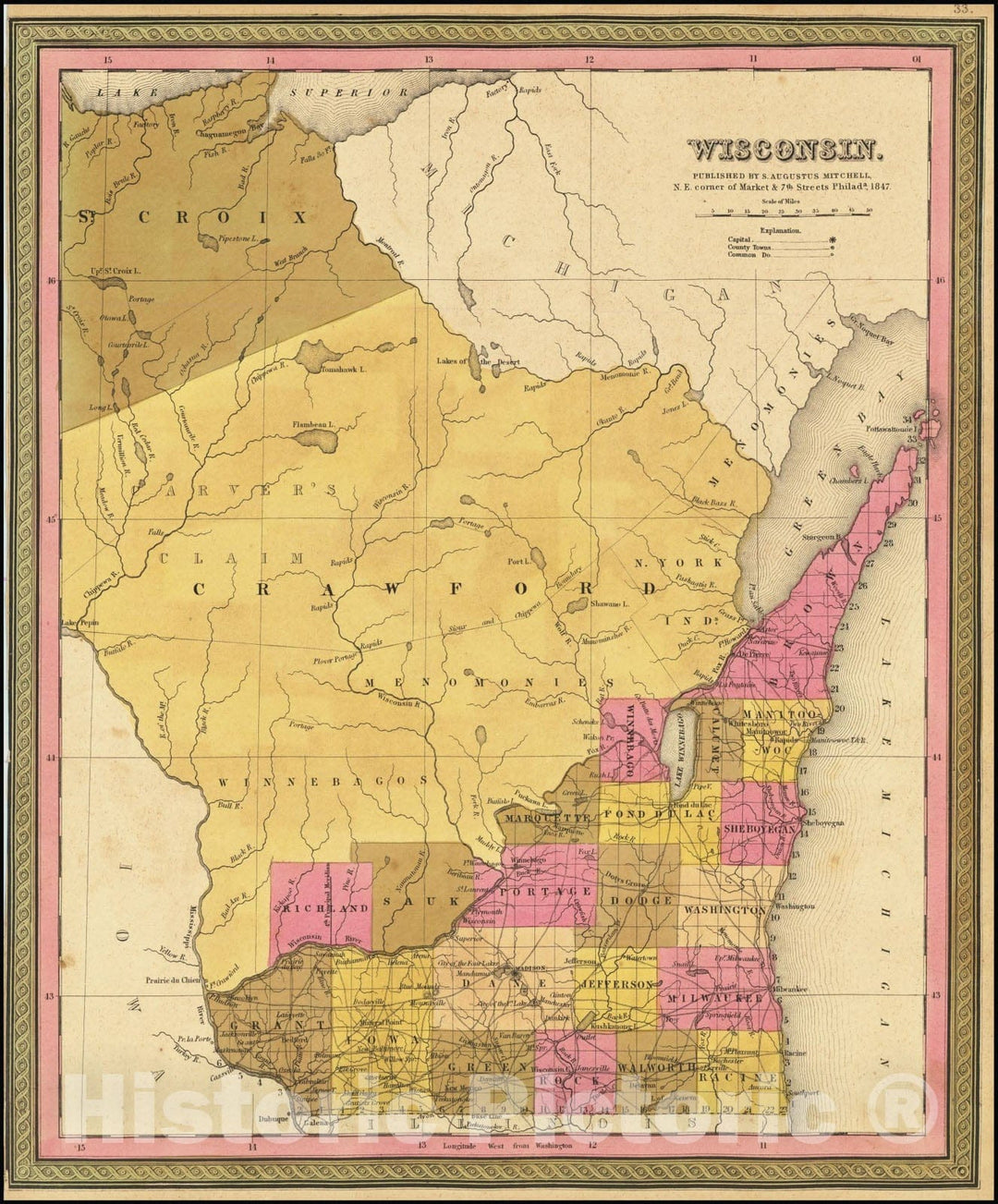 Historic Map : Wisconsin, 1847, Vintage Wall Art