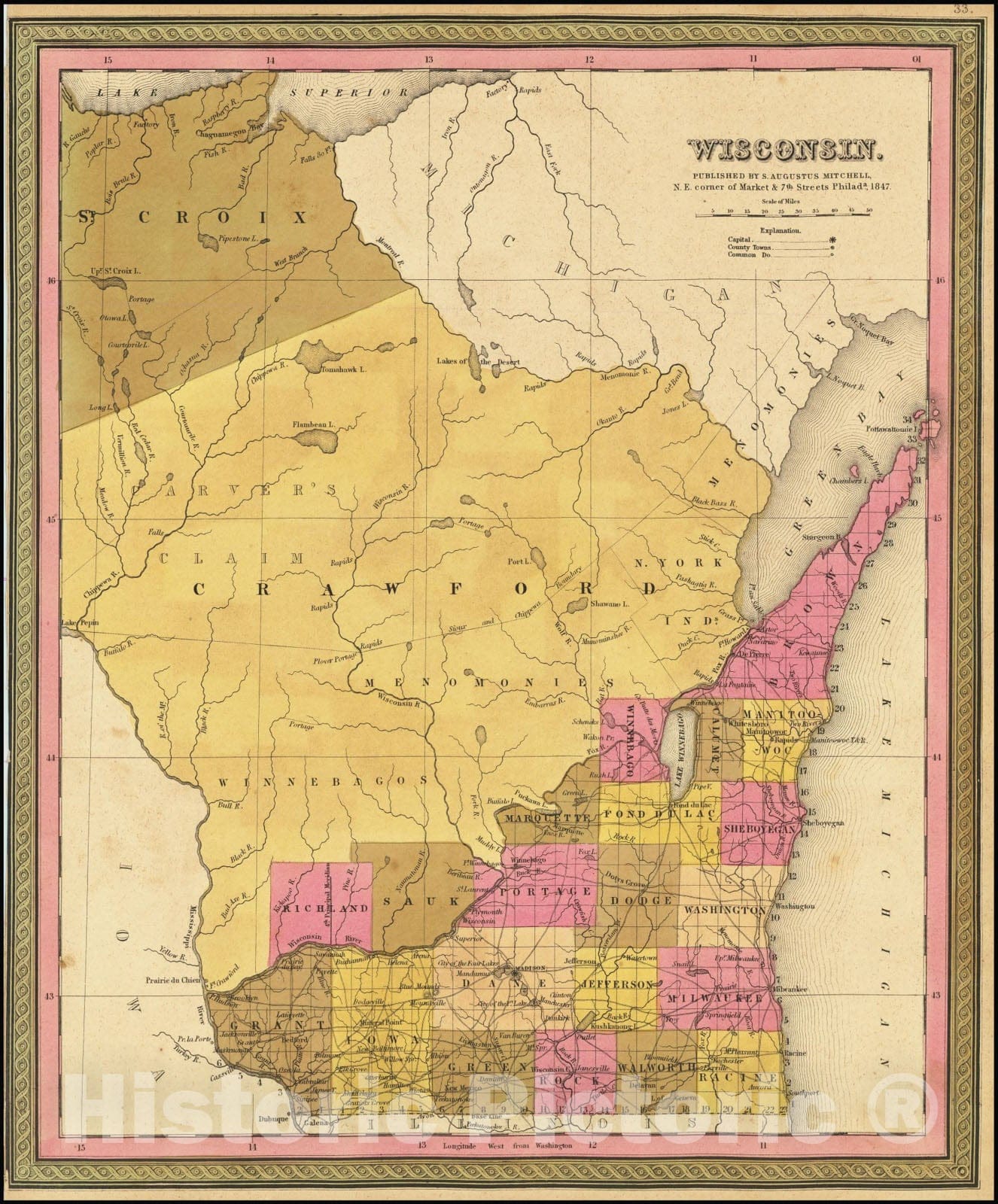 Historic Map : Wisconsin, 1847, Vintage Wall Art