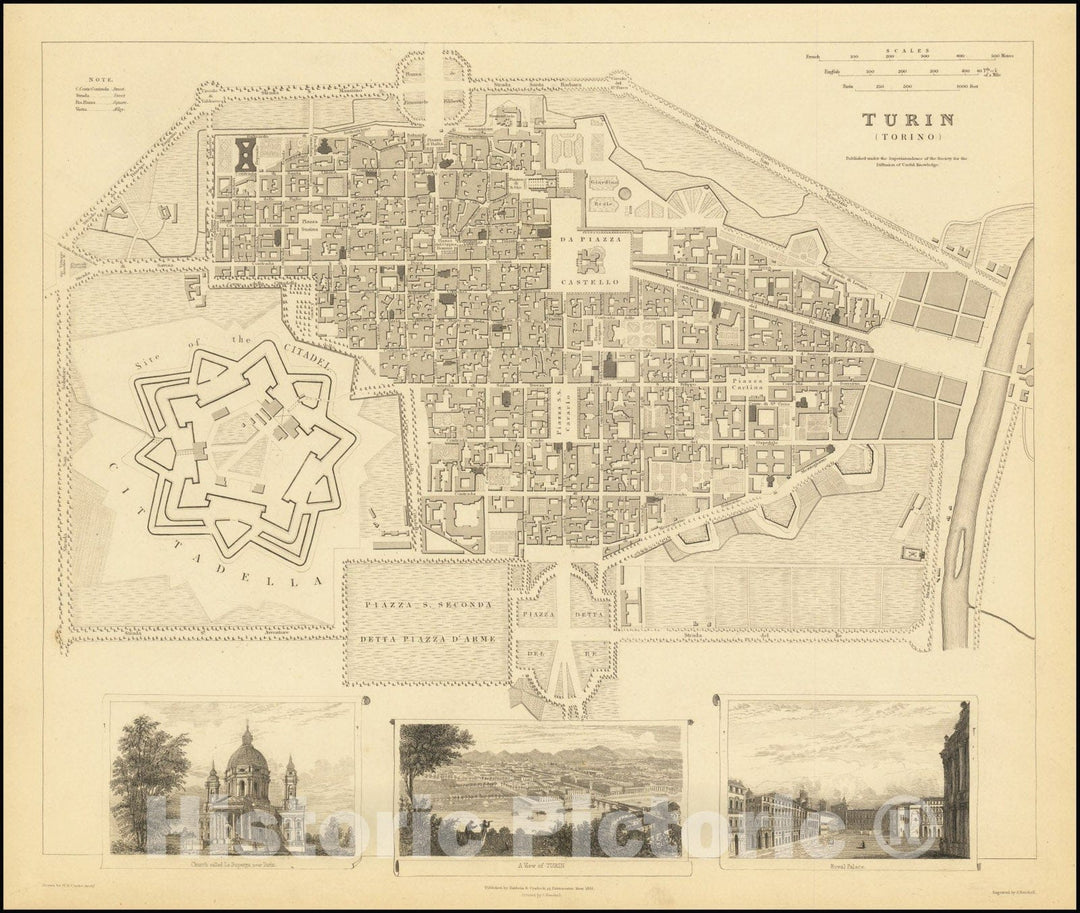 Historic Map : Turin , 1833, Vintage Wall Art