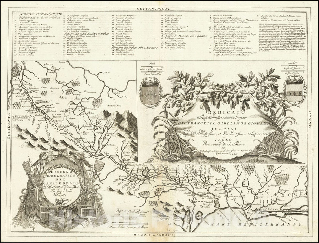 Historic Map : Disgeno Idrografico Del Canal e Reale,  Languedoc Canal, 1690, Vintage Wall Art