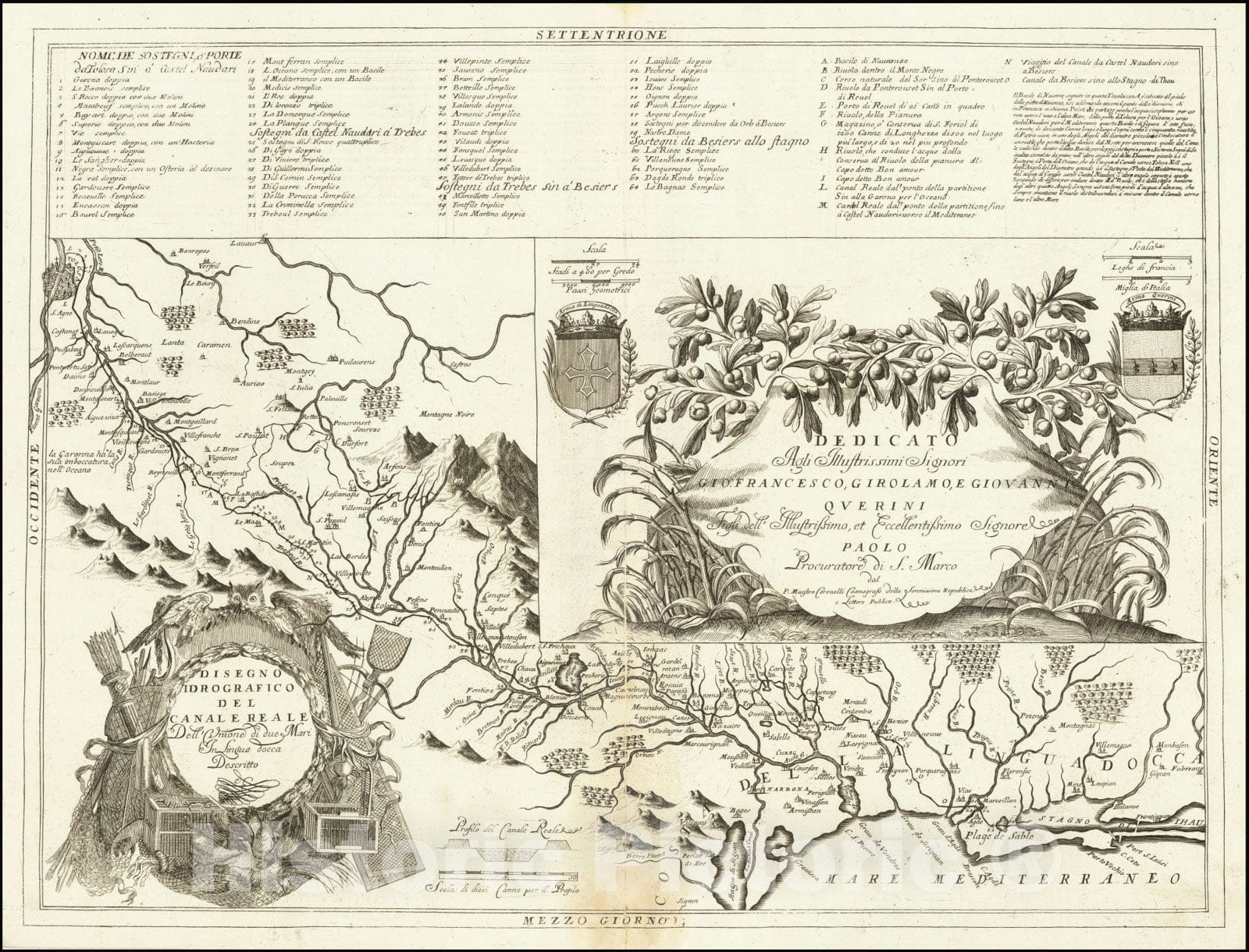 Historic Map : Disgeno Idrografico Del Canal e Reale,  Languedoc Canal, 1690, Vintage Wall Art