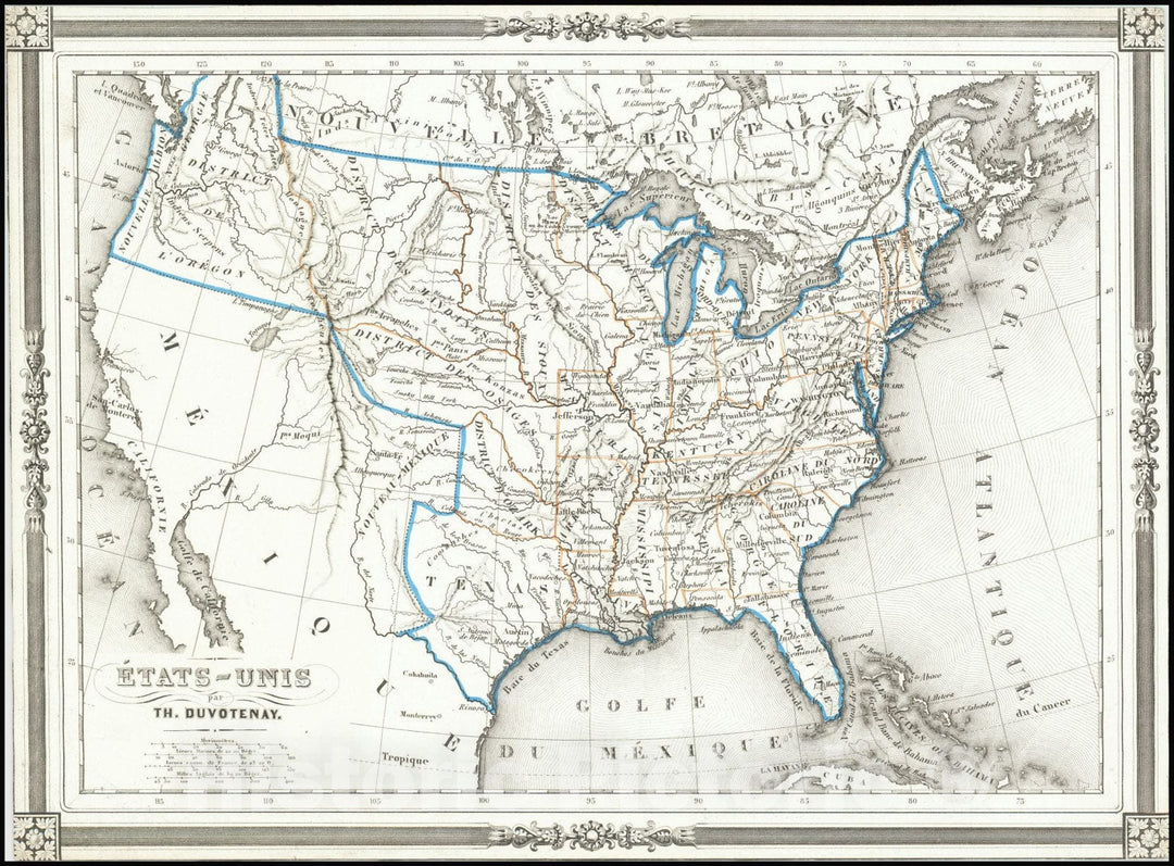 Historic Map : Etats-Unis par Th. Duvotenay, 1843, Vintage Wall Art