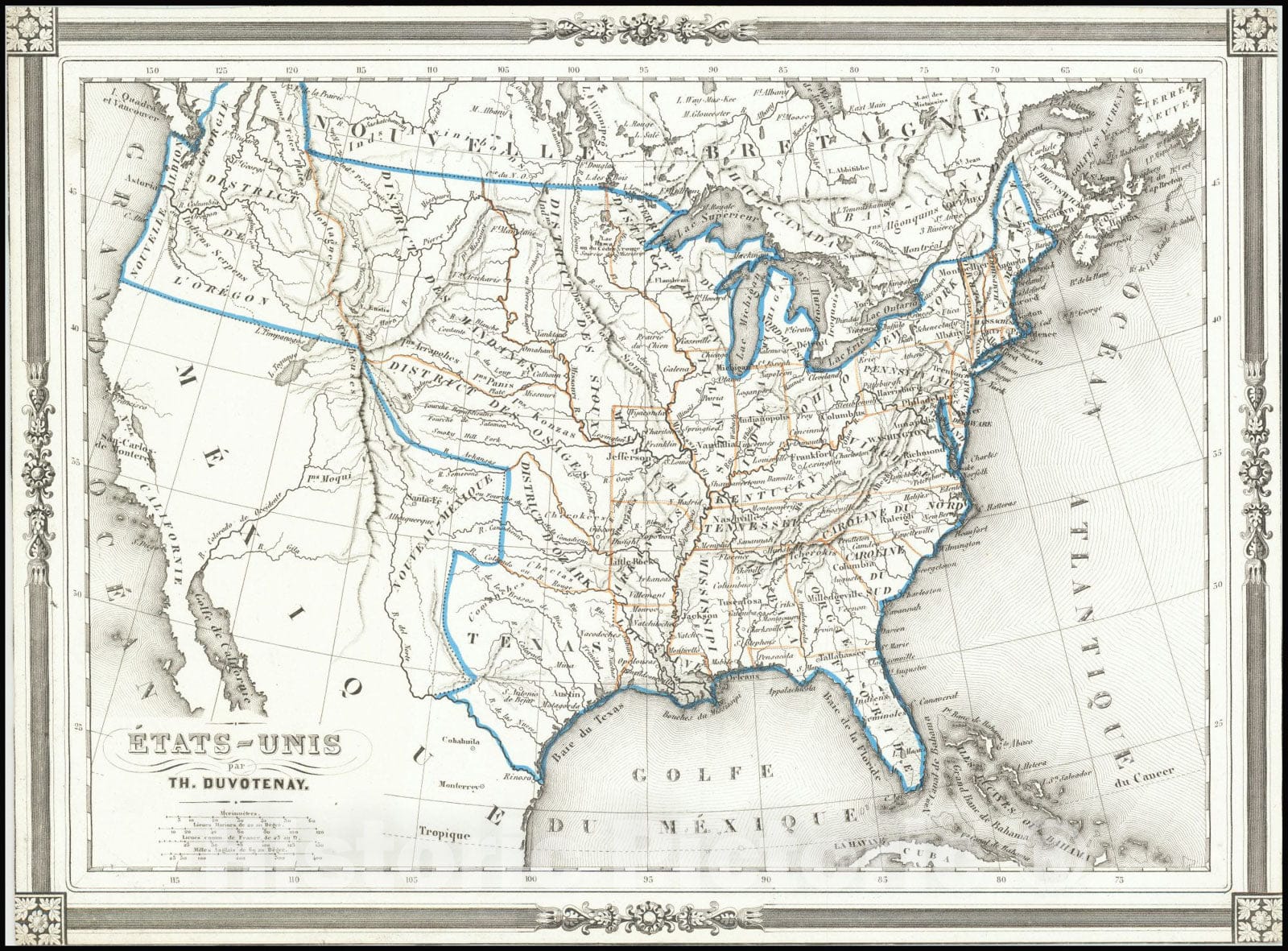 Historic Map : Etats-Unis par Th. Duvotenay, 1843, Vintage Wall Art