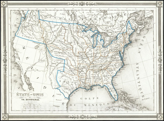 Historic Map : Etats-Unis par Th. Duvotenay, 1843, Vintage Wall Art