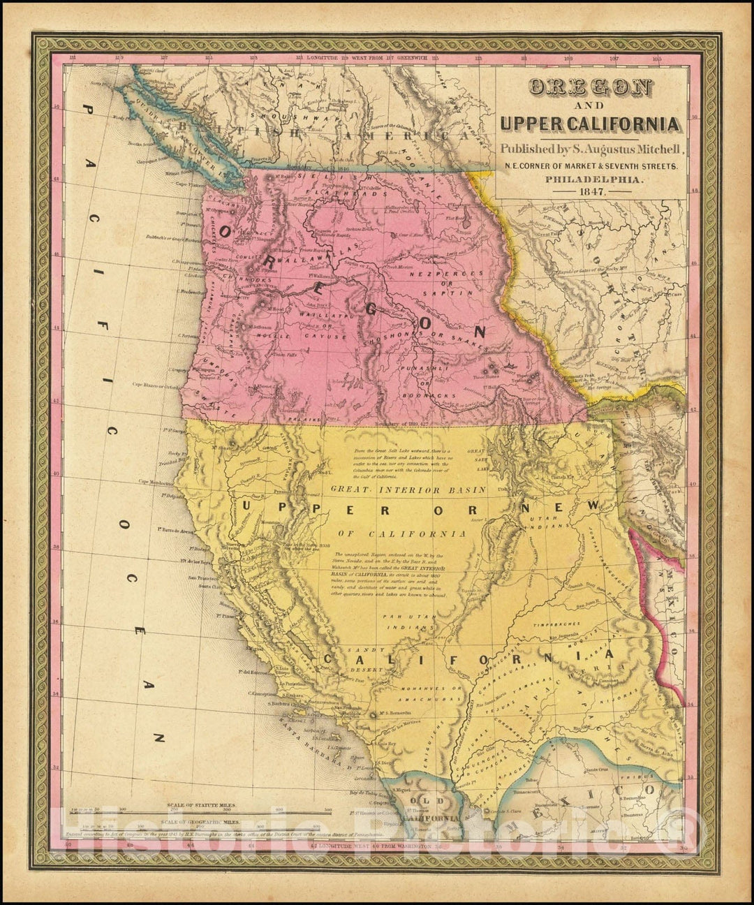 Historic Map : Oregon and Upper California, 1847, 1847, Vintage Wall Art