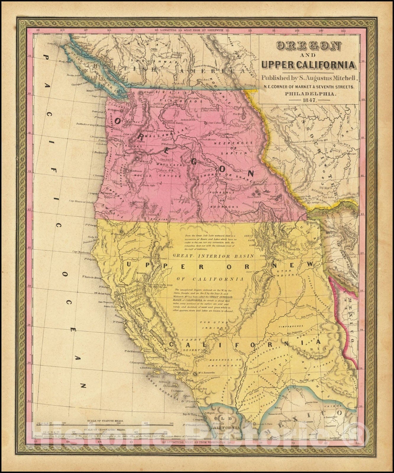 Historic Map : Oregon and Upper California, 1847, 1847, Vintage Wall Art