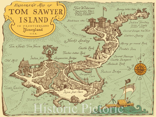 Historic Map : Explorer's Tom Sawyer Island in Frontierland Disneyland U.S.A., 1957, Vintage Wall Art
