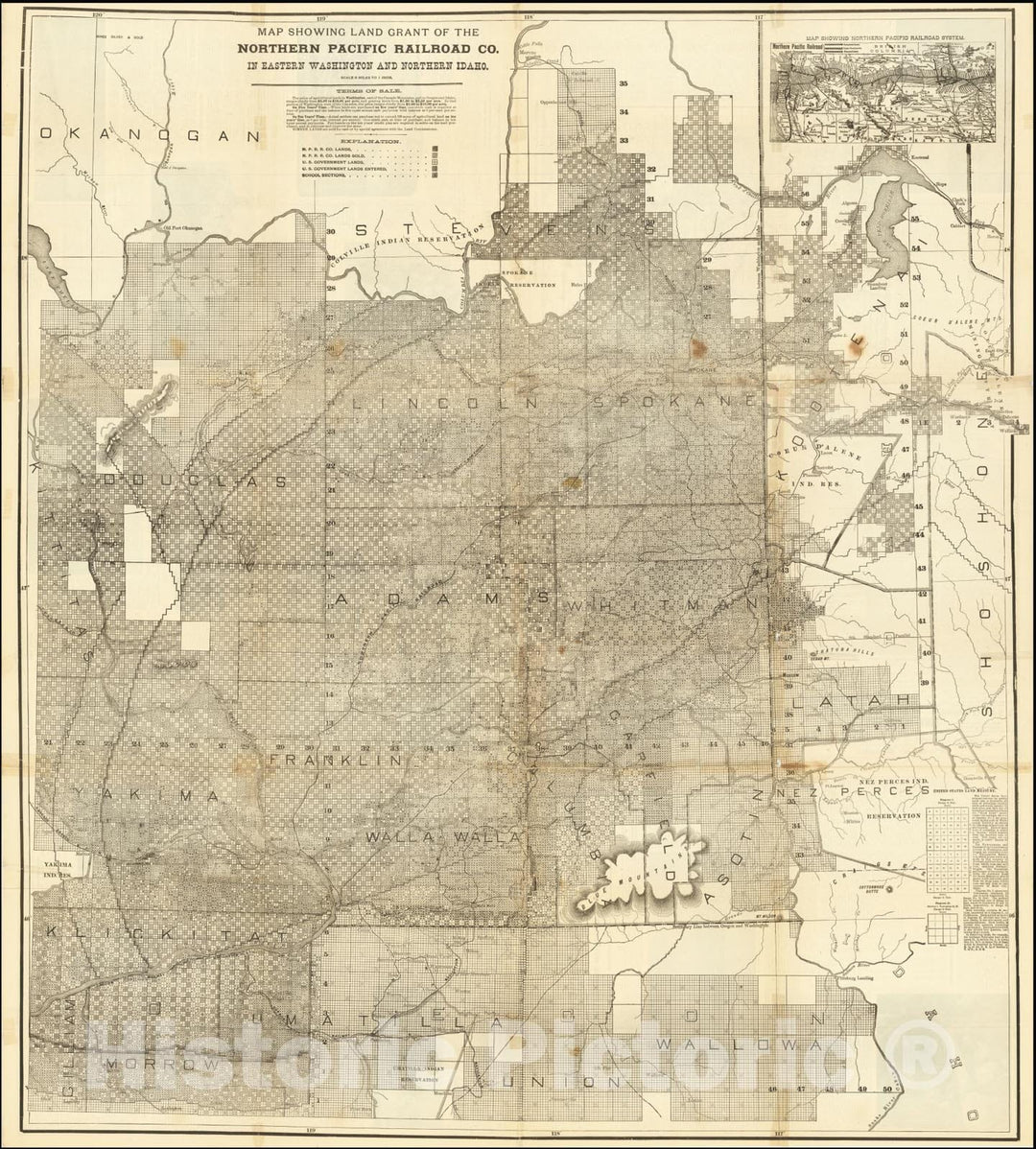 Historic Map : Land Grant of the Northern Pacific Railroad Co. In Eastern Washington and Northern Idaho., 1890, Vintage Wall Art