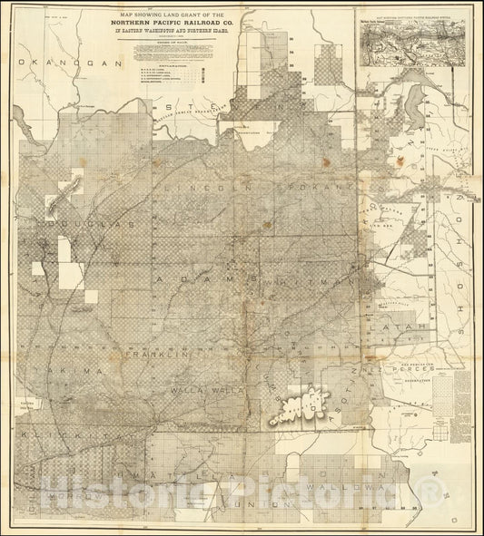 Historic Map : Land Grant of the Northern Pacific Railroad Co. In Eastern Washington and Northern Idaho., 1890, Vintage Wall Art