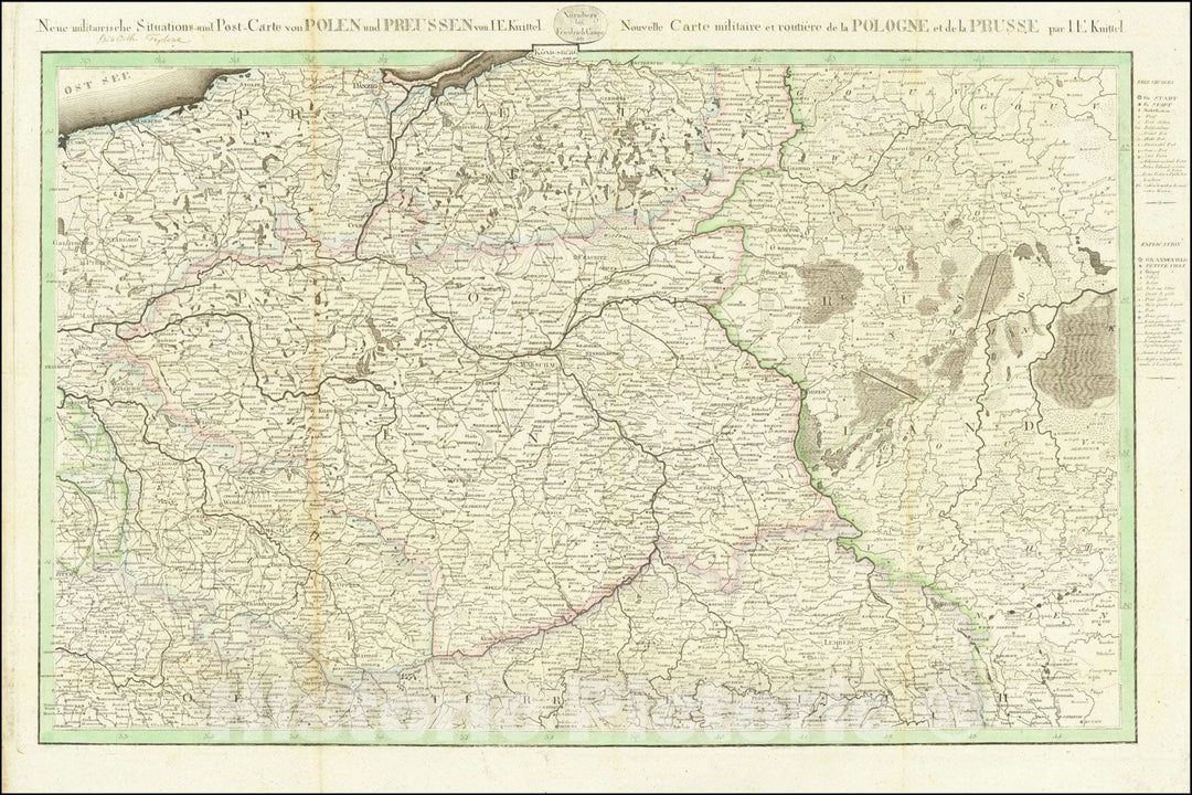 Historic Map : Neue militairische Situations und Post Carte von Polen und Preussen von I.E. Kinittel,Nouvelle Carte militaire et routiere de la Pologne et de la Prusse par I.E. Knittel, 1813, Vintage Wall Art