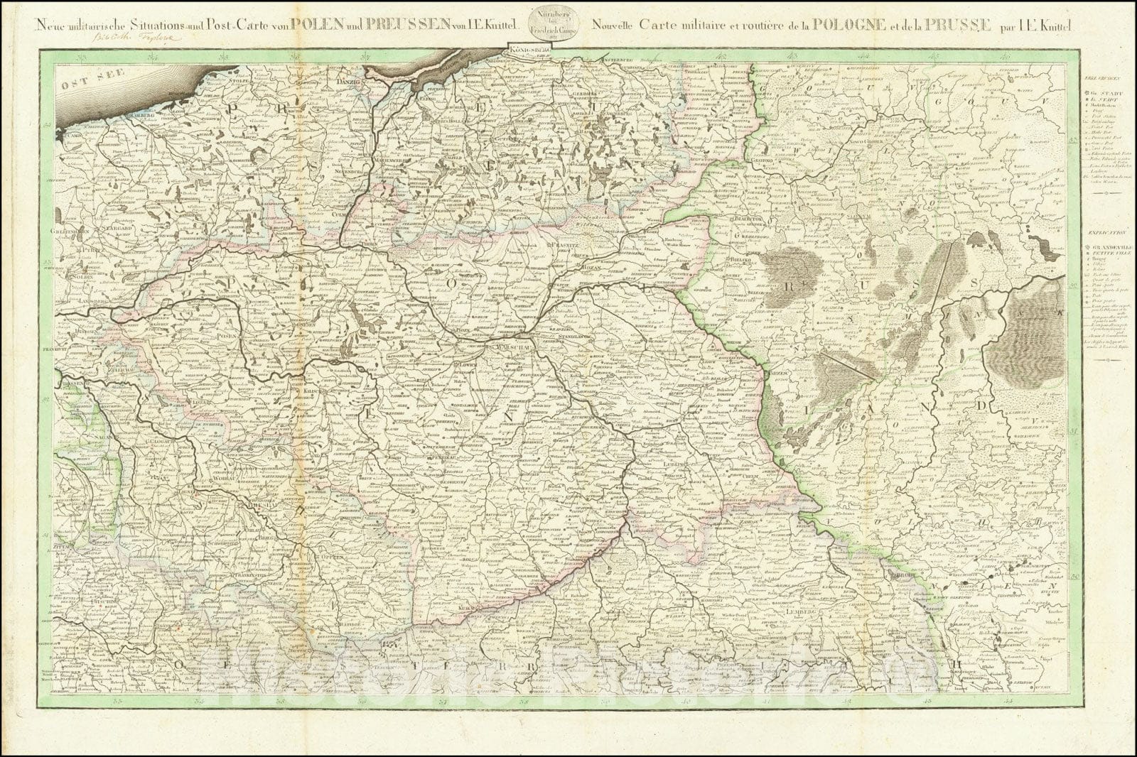 Historic Map : Neue militairische Situations und Post Carte von Polen und Preussen von I.E. Kinittel,Nouvelle Carte militaire et routiere de la Pologne et de la Prusse par I.E. Knittel, 1813, Vintage Wall Art