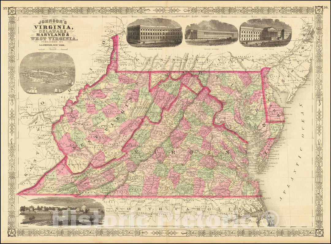 Historic Map : Johnson's Virginia, Delaware, Maryland & West Virginia, 1865, Vintage Wall Art