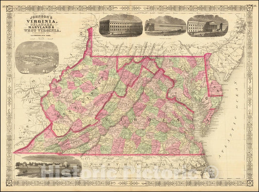 Historic Map : Johnson's Virginia, Delaware, Maryland & West Virginia, 1865, Vintage Wall Art