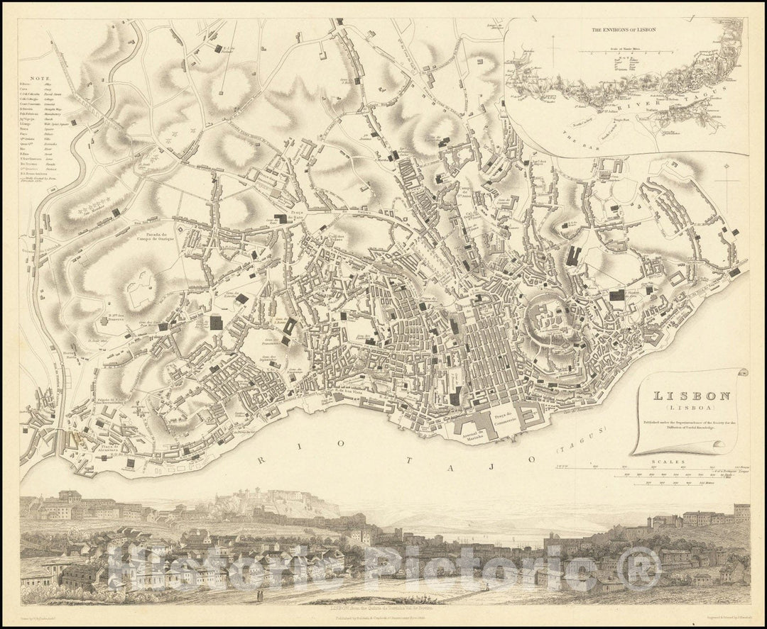 Historic Map : Lisbon , 1833, Vintage Wall Art