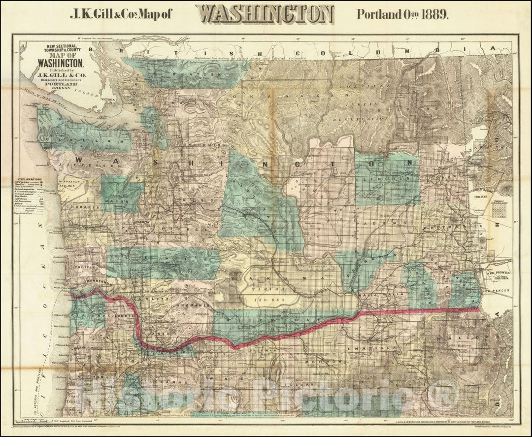 Historic Map : New County & Township Washington.Published by J.K. Gill & Co.Booksellers and Stationers. Portland Oregon. 1883, 1889, Vintage Wall Art
