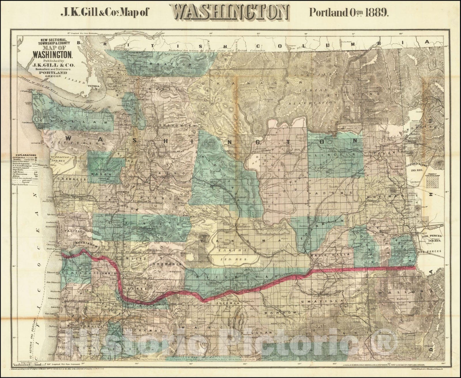 Historic Map : New County & Township Washington.Published by J.K. Gill & Co.Booksellers and Stationers. Portland Oregon. 1883, 1889, Vintage Wall Art