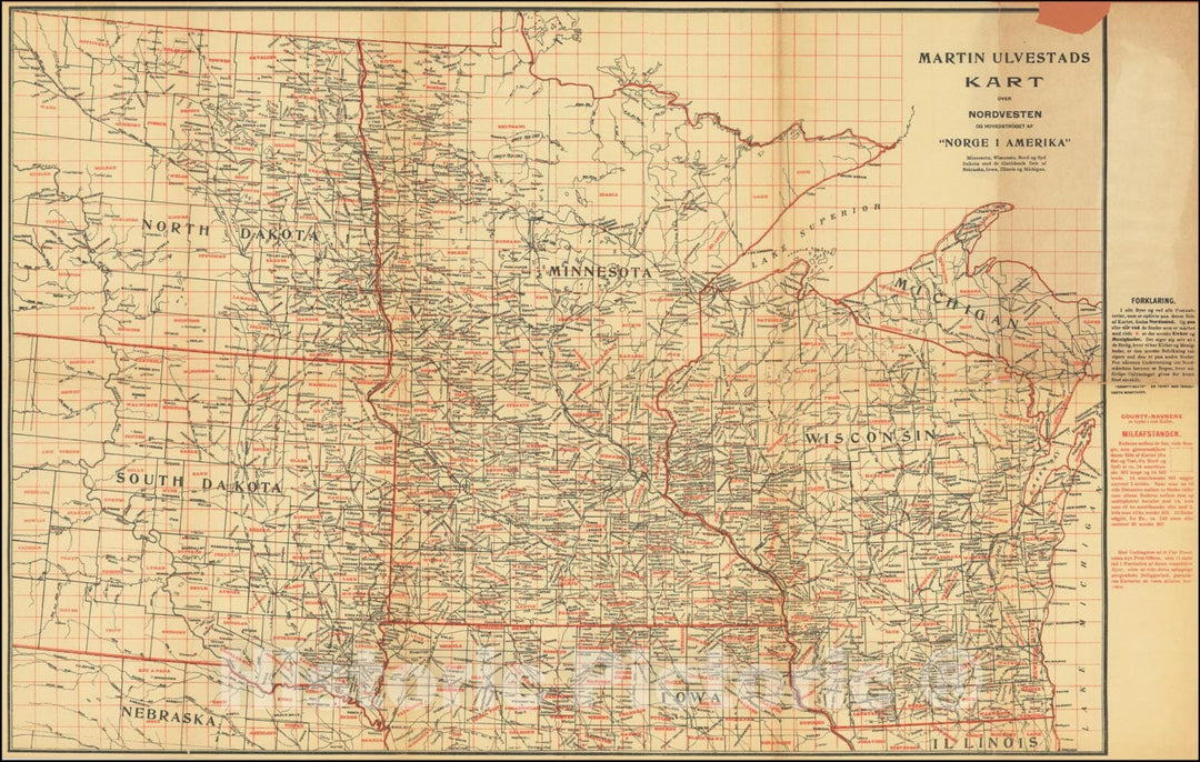 Historic Map : Martin Ulvestads Kart over Nordvesten og Hovedstroget Af "Norge I Amerika", 1901, Vintage Wall Art